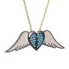 Kalpli Melek Kolye - Akuamarin 925 ayar siyah rodyum kaplama gümüş kolye (Beyaz mineli, 40 cm gümüş rolo zincir) #19c9p2s