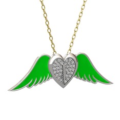 Kalpli Melek Kolye - Swarovski 8 ayar beyaz altın kolye (Yeşil mineli, 40 cm gümüş rolo zincir) #19dg429