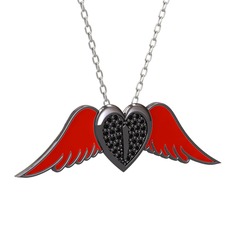 Kalpli Melek Kolye - Siyah zirkon 925 ayar siyah rodyum kaplama gümüş kolye (Kırmızı mineli, 40 cm beyaz altın rolo zincir) #1csphhm