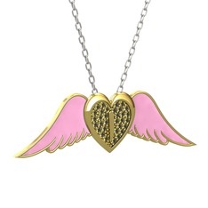 Kalpli Melek Kolye - Peridot 14 ayar altın kolye (Pembe mineli, 40 cm beyaz altın rolo zincir) #1dox9da