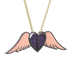 Ametist 925 ayar siyah rodyum kaplama gümüş kolye (Pastel pembe mineli, 40 cm gümüş rolo zincir)