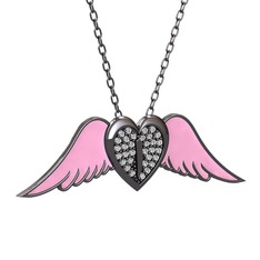 Swarovski 925 ayar siyah rodyum kaplama gümüş kolye (Pembe mineli, 40 cm gümüş rolo zincir)