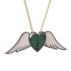 Kalpli Melek Kolye - Yeşil kuvars 925 ayar siyah rodyum kaplama gümüş kolye (Beyaz mineli, 40 cm gümüş rolo zincir) #1fnkcz8