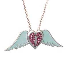 Kalpli Melek Kolye - Rodolit garnet 18 ayar beyaz altın kolye (Pastel mavi mineli, 40 cm gümüş rolo zincir) #1g5kl3d