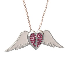 Kalpli Melek Kolye - Rodolit garnet 18 ayar beyaz altın kolye (Beyaz mineli, 40 cm rose altın rolo zincir) #1hg2tli