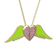 Pembe kuvars 14 ayar rose altın kolye (Neon yeşil mineli, 40 cm altın rolo zincir)