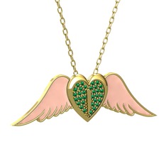 Kalpli Melek Kolye - Yeşil kuvars 18 ayar altın kolye (Pastel pembe mineli, 40 cm gümüş rolo zincir) #1kv8qe2