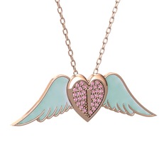 Kalpli Melek Kolye - Pembe kuvars 14 ayar rose altın kolye (Pastel mavi mineli, 40 cm gümüş rolo zincir) #1l5nqlw