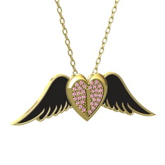 Kalpli Melek Kolye - Pembe kuvars 14 ayar altın kolye (Siyah mineli, 40 cm altın rolo zincir) #1lajwci
