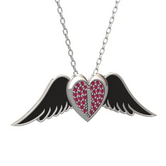 Kalpli Melek Kolye - Rodolit garnet 14 ayar beyaz altın kolye (Siyah mineli, 40 cm beyaz altın rolo zincir) #1o0v50o