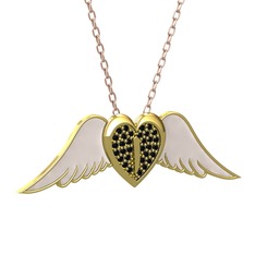Kalpli Melek Kolye - Siyah zirkon 14 ayar altın kolye (Beyaz mineli, 40 cm rose altın rolo zincir) #1p0gl0l