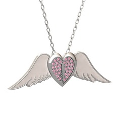 Kalpli Melek Kolye - Pembe kuvars 18 ayar beyaz altın kolye (Beyaz mineli, 40 cm beyaz altın rolo zincir) #1pc1h2u