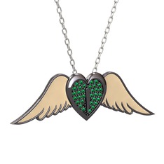 Kalpli Melek Kolye - Yeşil kuvars 925 ayar siyah rodyum kaplama gümüş kolye (Ekru mineli, 40 cm beyaz altın rolo zincir) #1q055kt