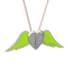 Kalpli Melek Kolye - Beyaz zirkon 14 ayar beyaz altın kolye (Neon yeşil mineli, 40 cm rose altın rolo zincir) #1r6qnbw