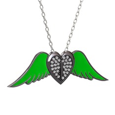 Kalpli Melek Kolye - Beyaz zirkon 925 ayar siyah rodyum kaplama gümüş kolye (Yeşil mineli, 40 cm beyaz altın rolo zincir) #1rokf73