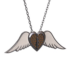 Kalpli Melek Kolye - Dumanlı kuvars 925 ayar siyah rodyum kaplama gümüş kolye (Beyaz mineli, 40 cm gümüş rolo zincir) #1so3dcp