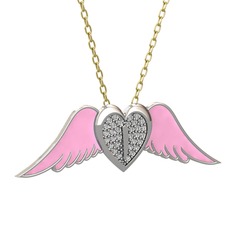 Kalpli Melek Kolye - Swarovski 18 ayar beyaz altın kolye (Pembe mineli, 40 cm gümüş rolo zincir) #1su5j28