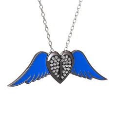 Kalpli Melek Kolye - Swarovski 925 ayar siyah rodyum kaplama gümüş kolye (Mavi mineli, 40 cm beyaz altın rolo zincir) #1wuwtu6