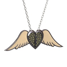 Kalpli Melek Kolye - Peridot 925 ayar siyah rodyum kaplama gümüş kolye (Ekru mineli, 40 cm beyaz altın rolo zincir) #1xcn64y