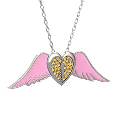 Kalpli Melek Kolye - Sitrin 8 ayar beyaz altın kolye (Pembe mineli, 40 cm beyaz altın rolo zincir) #1xf4bd1