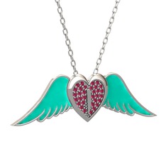 Kalpli Melek Kolye - Rodolit garnet 925 ayar gümüş kolye (Turkuaz mineli, 40 cm beyaz altın rolo zincir) #1ytvwvo