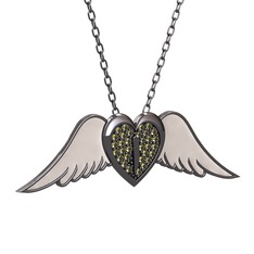 Kalpli Melek Kolye - Peridot 925 ayar siyah rodyum kaplama gümüş kolye (Beyaz mineli, 40 cm gümüş rolo zincir) #2aoyik