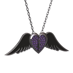 Kalpli Melek Kolye - Ametist 925 ayar siyah rodyum kaplama gümüş kolye (Siyah mineli, 40 cm gümüş rolo zincir) #2p31vw