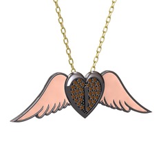 Kalpli Melek Kolye - Dumanlı kuvars 925 ayar siyah rodyum kaplama gümüş kolye (Pastel pembe mineli, 40 cm altın rolo zincir) #2qnwrm