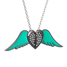 Kalpli Melek Kolye - Swarovski 925 ayar siyah rodyum kaplama gümüş kolye (Turkuaz mineli, 40 cm beyaz altın rolo zincir) #2ux6er