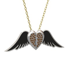 Kalpli Melek Kolye - Dumanlı kuvars 14 ayar beyaz altın kolye (Siyah mineli, 40 cm gümüş rolo zincir) #37t426