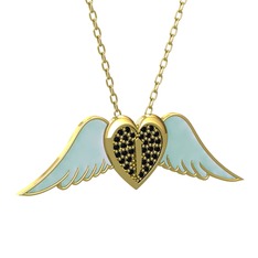 Kalpli Melek Kolye - Siyah zirkon 8 ayar altın kolye (Pastel mavi mineli, 40 cm altın rolo zincir) #3lwog9