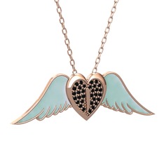 Kalpli Melek Kolye - Siyah zirkon 8 ayar rose altın kolye (Pastel mavi mineli, 40 cm rose altın rolo zincir) #3p3eua