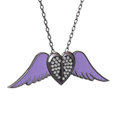 Kalpli Melek Kolye - Swarovski 925 ayar siyah rodyum kaplama gümüş kolye (Menekşe mineli, 40 cm gümüş rolo zincir) #415w7s