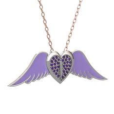 Kalpli Melek Kolye - Ametist 14 ayar beyaz altın kolye (Menekşe mineli, 40 cm rose altın rolo zincir) #4bkig1