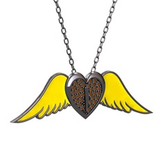 Kalpli Melek Kolye - Dumanlı kuvars 925 ayar siyah rodyum kaplama gümüş kolye (Sarı mineli, 40 cm gümüş rolo zincir) #4t2n0h