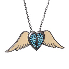 Kalpli Melek Kolye - Akuamarin 925 ayar siyah rodyum kaplama gümüş kolye (Ekru mineli, 40 cm gümüş rolo zincir) #4z2blv