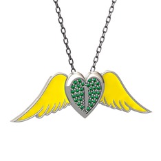 Kalpli Melek Kolye - Yeşil kuvars 18 ayar beyaz altın kolye (Sarı mineli, 40 cm gümüş rolo zincir) #59uqkz