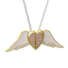 Kalpli Melek Kolye - Pembe kuvars 925 ayar altın kaplama gümüş kolye (Beyaz mineli, 40 cm beyaz altın rolo zincir) #62d6b