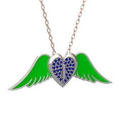 Kalpli Melek Kolye - Lab safir 14 ayar beyaz altın kolye (Yeşil mineli, 40 cm rose altın rolo zincir) #6ubqye