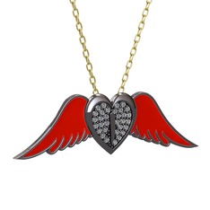 Pırlanta 925 ayar siyah rodyum kaplama gümüş kolye (0.256 karat, kırmızı mineli, 40 cm gümüş rolo zincir)