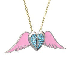 Kalpli Melek Kolye - Akuamarin 18 ayar beyaz altın kolye (Pembe mineli, 40 cm altın rolo zincir) #7b500z