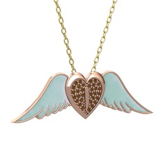 Kalpli Melek Kolye - Dumanlı kuvars 8 ayar rose altın kolye (Pastel mavi mineli, 40 cm altın rolo zincir) #7dbklw