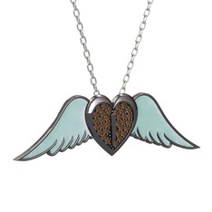 Kalpli Melek Kolye - Dumanlı kuvars 925 ayar siyah rodyum kaplama gümüş kolye (Pastel mavi mineli, 40 cm beyaz altın rolo zincir) #7nw9k7