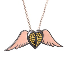 Kalpli Melek Kolye - Sitrin 925 ayar siyah rodyum kaplama gümüş kolye (Pastel pembe mineli, 40 cm rose altın rolo zincir) #83c894