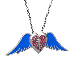 Kalpli Melek Kolye - Rodolit garnet 18 ayar beyaz altın kolye (Mavi mineli, 40 cm gümüş rolo zincir) #87hede