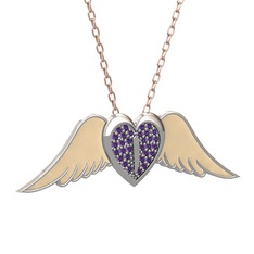 Ametist 18 ayar beyaz altın kolye (Ekru mineli, 40 cm rose altın rolo zincir)