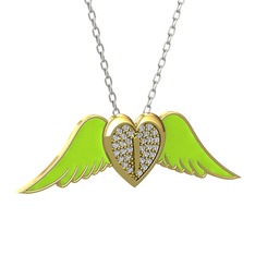 Kalpli Melek Kolye - Beyaz zirkon 18 ayar altın kolye (Neon yeşil mineli, 40 cm gümüş rolo zincir) #8wcw2n