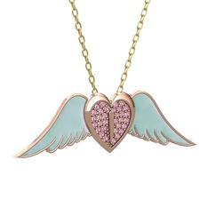 Kalpli Melek Kolye - Pembe kuvars 18 ayar rose altın kolye (Pastel mavi mineli, 40 cm altın rolo zincir) #8zxtmp