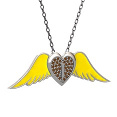 Kalpli Melek Kolye - Dumanlı kuvars 18 ayar beyaz altın kolye (Sarı mineli, 40 cm gümüş rolo zincir) #95l2jf