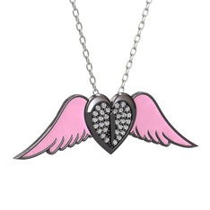 Kalpli Melek Kolye - Swarovski 925 ayar siyah rodyum kaplama gümüş kolye (Pembe mineli, 40 cm beyaz altın rolo zincir) #9doex1